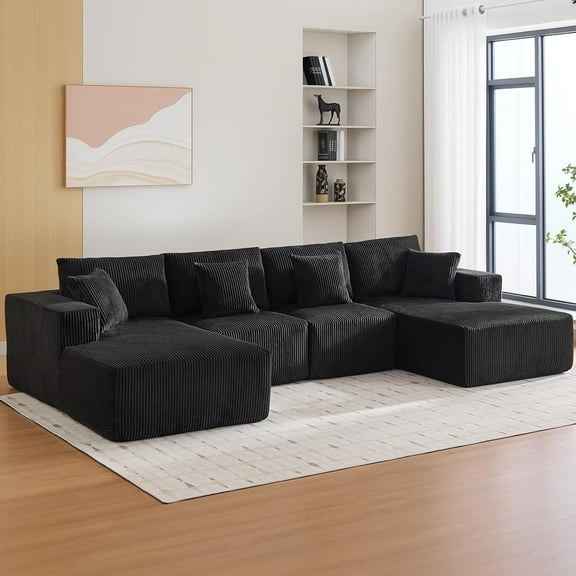 U Shaped Sectional Cloud Couch for Living Room with 4 Seat Ind. Modular Sectional Sofa with Chaise 2 Chaise Longue Corduroy Fabric Boneless Modular Modern Cloud with Pillows for Apartment and Small