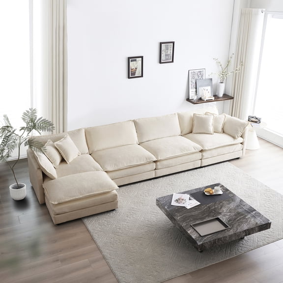 U Shaped Sectional Couch: 5 Seater With In Attractive Chenille Living Room Beige - , High Fabric And Wood Frame
