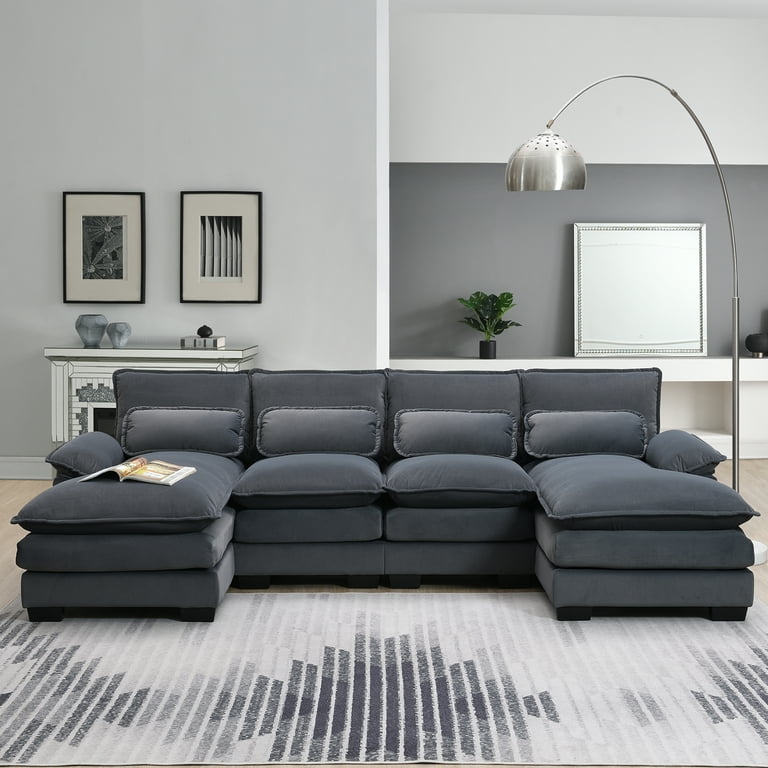U Shaped Sectional Couch with Chaise Modern Upholstered Sectional Couch 6 Seater Sectional Couch with 4 Waist Pillows Heavy Duty Sofa Furniture