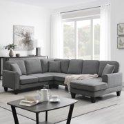 U-Shaped Sectional Couch with Chaise, Modern Upholstered Couch, 7-Seater Sectional Couch with 3 Pillows and Plastic Legs, Heavy Duty Sofa Furniture, KAMIDA Sectional Couch for Living Room, Dark Gray