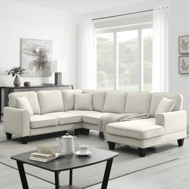 U-Shaped Sectional Couch with Chaise, Modern Upholstered Couch, 7-Seater Sectional Couch with 3 Pillows and Plastic Legs, Heavy Duty Sofa Furniture, KAMIDA Sectional Couch for Living Room, Beige