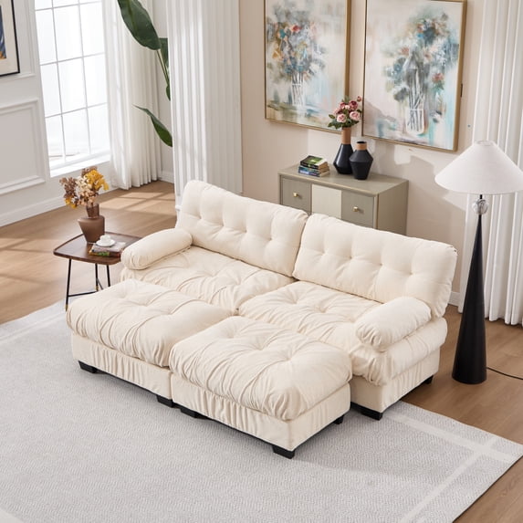 U Shaped Sectional Couches for Living Room, Modular Sectional Sofa Cloud Couch with Ottoman, Deep Seat Loveseat Comfy Advanced Flannelette Oversized Sofa, Modern Couch with Armrests 4 Pillows (Beige)