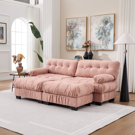 U Shaped Sectional Couches for Living Room, Modular Sectional Sofa Cloud Couch with Ottoman, Deep Seat Loveseat Comfy Advanced Flannelette Oversized Sofa, Modern Couch with Armrests 4 Pillows (Pink)