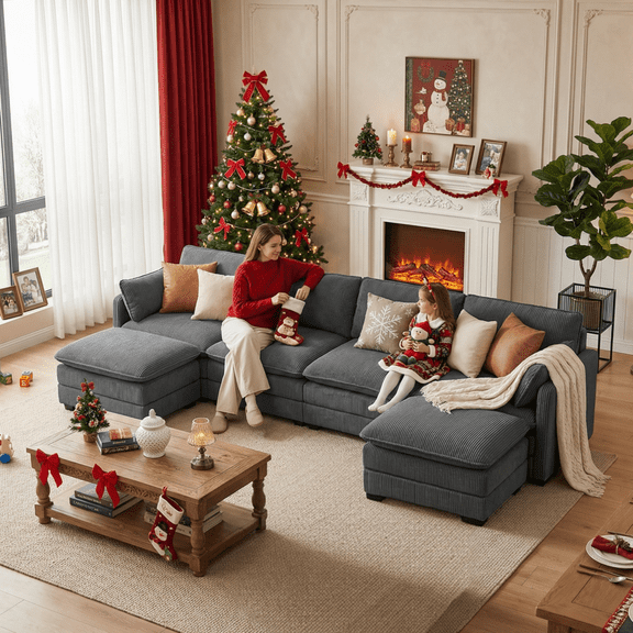 U-Shaped Sectional Couches for Living Room Noelse Cloud Sleeper Sofa with Double Layer Upholstered Seat, Pet-Friendly Fabric Sofa Couches for Living Room Bedroom and Apartment, Gray