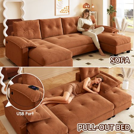 U-Shaped Sectional Sleeper Sofa with Charging Station and Pull Out Bed, 2 in 1 Convertible Couch Bed with Removable Armrests, ,Oversized Modular with Chaise Lounge for Living Room, Apartment, Orange