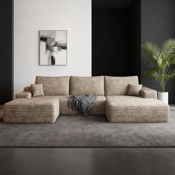 U-Shaped Sectional Sofa 107.5" 3-Seater Modular Couch with Chaise and Ottoman, Plush Corduroy Compressed Sofa for Living Room, No Assembly, Camel