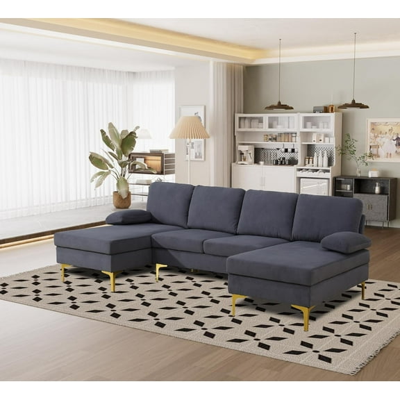 U Shaped Sectional Sofa, 4 Seat Couch with Double Chaise, 99" Flannel Sofa Couch Set for Living Room (Dark Grey)