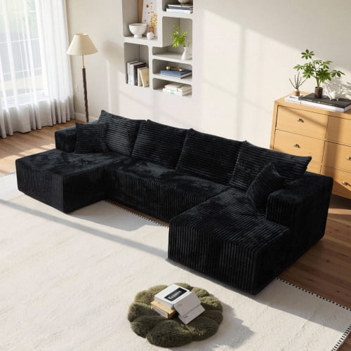 U-Shaped Sectional Sofa, 5-Piece Modular Sofa Set with Reversible Chaise, Corduroy Fabric No Assembly Required, Modern Minimalist Couch for Living Room Bedroom, Black