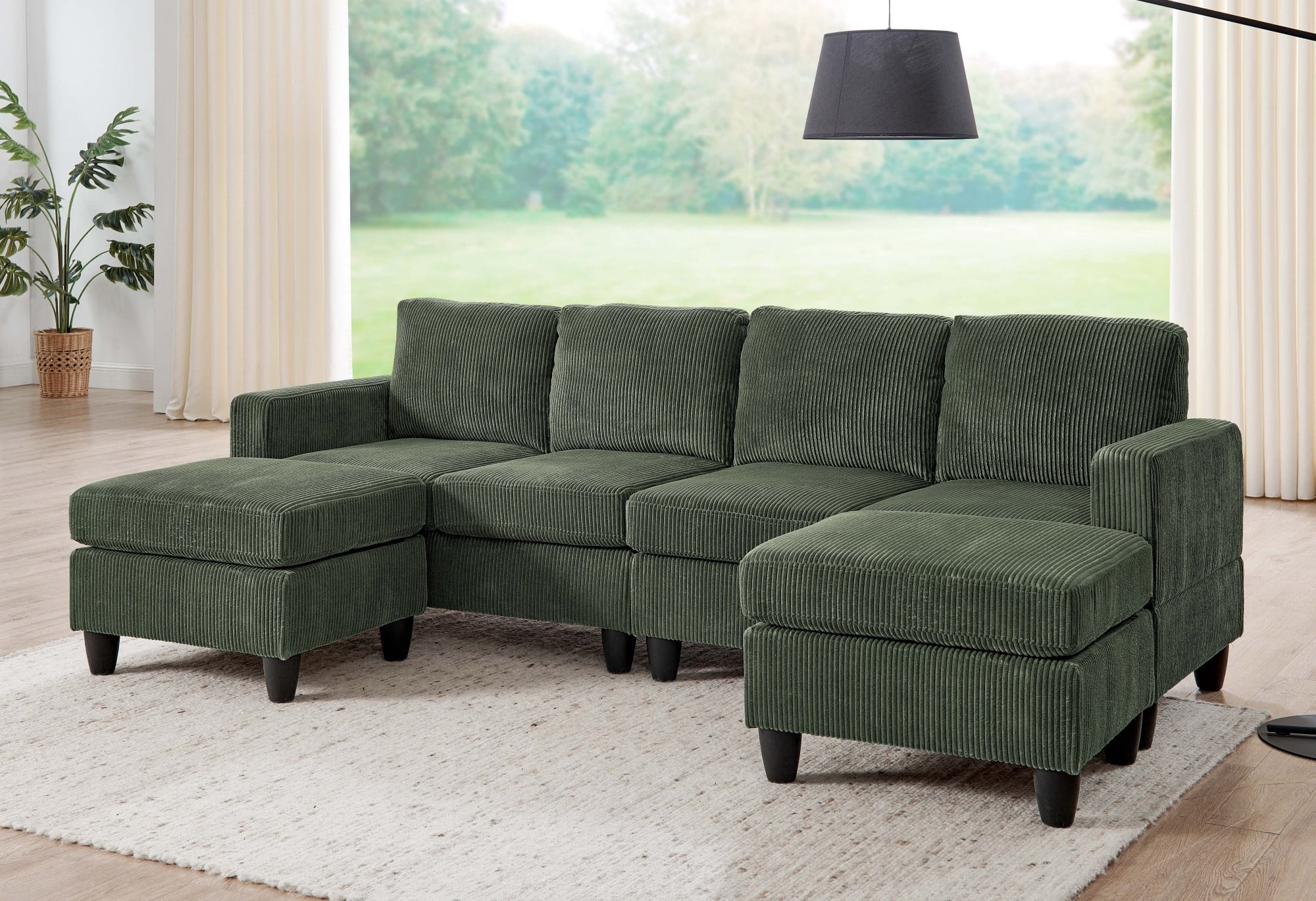 U Shaped Sectional Sofa,6-Seats Modular Corduroy Sofa Couch with Ottoman for Living Room,Green