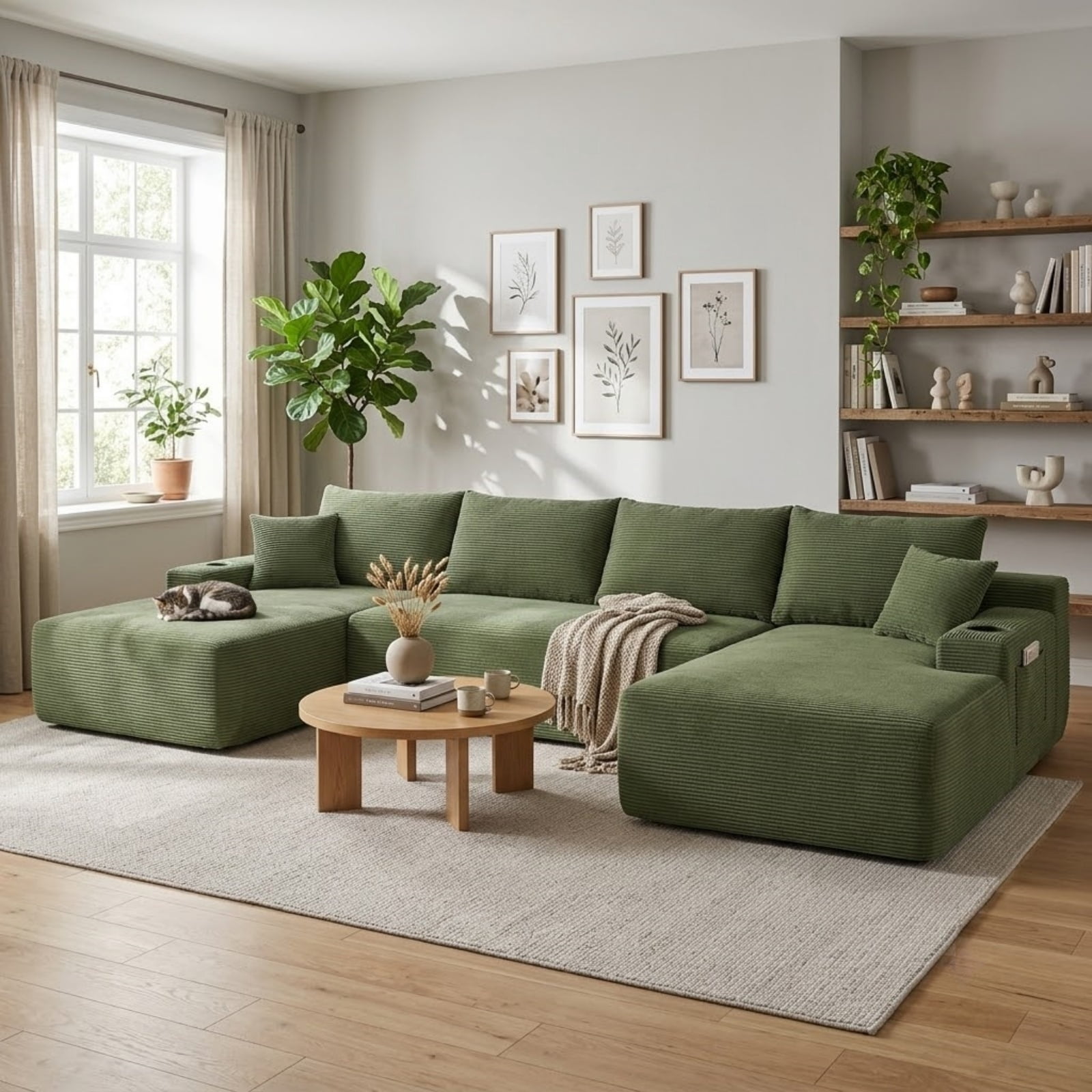 U-Shaped Sectional Sofa with Chaise and Cup Holders, 126'' Modular Sofa Couch with Side Pockets, Modern Upholstered Couch for Living Room, No Assembly Required
