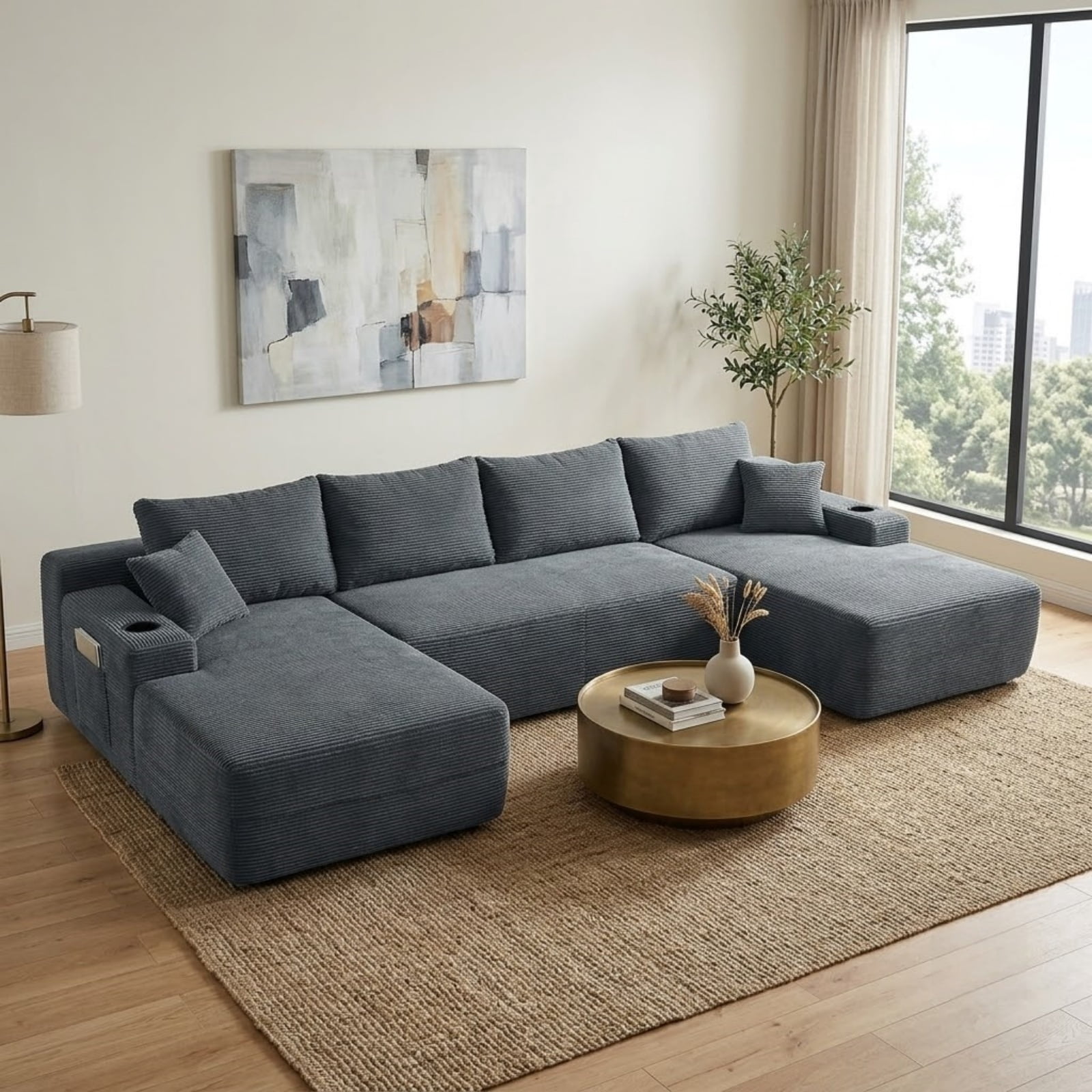 U-Shaped Sectional Sofa with Chaise and Cup Holders, 126'' Modular Sofa Couch with Side Pockets, Modern Upholstered Couch for Living Room, No Assembly Required