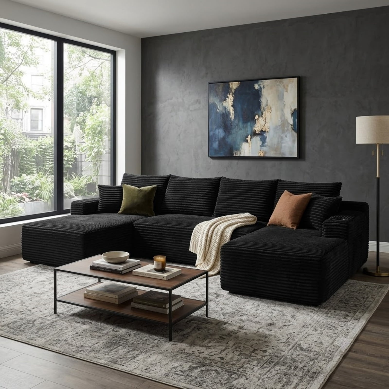 U-Shaped Sectional Sofa with Chaise and Cup Holders, 126'' Modular Sofa Couch with Side Pockets, Modern Upholstered Couch for Living Room, No Assembly Required