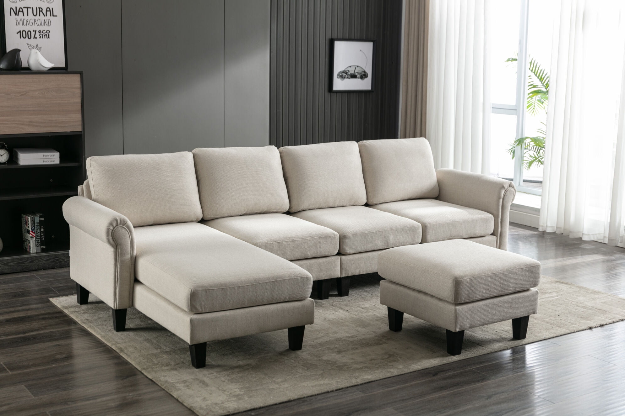 U-Shaped Sectional Sofa with Chaise lounge and Movable Ottoman, 108
