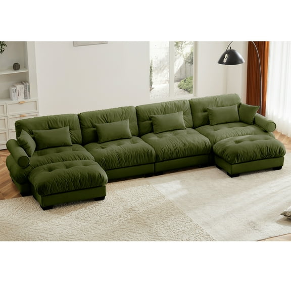 U Shaped Sectional Sofa Cloud Couch with Movable Ottomans,Convertible Deep 4 Seater Modern Velvet Comfy Upholstered Corner Couch with Blostered Armrests, Waist Pillow and Throw Pillows,Olive green