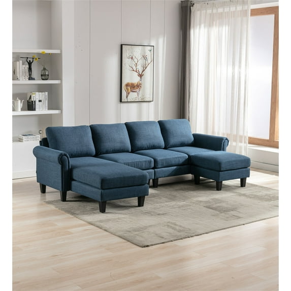 U-Shaped Sectional Sofa Couch, 108 Inch Modern Linen Fabric Upholstered Accent Sofa with Removable Ottoman and 2 Pillows Modular Sectional Sofa for Living Room, Navy