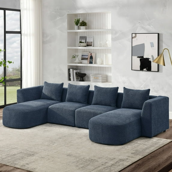 U-Shaped Sectional Sofa Couch for Living Room, 117" Large Couch with Two Single Seats and Two Chaises, Modular Sectional Sofa for Small Spaces, DIY Combination, Loop Yarn Fabric, Navy