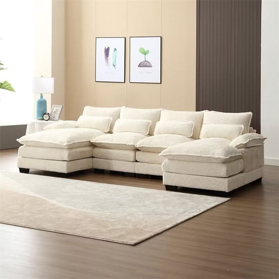 U-Shaped Sectional Sofa Couch Set, Modern Large Chenille Upholstered 4 Seater Sofa with Double Chaise and Padded Cushions, Modular Sectional Sofa Extra Wide Chaise Lounge for Living Room, Beige