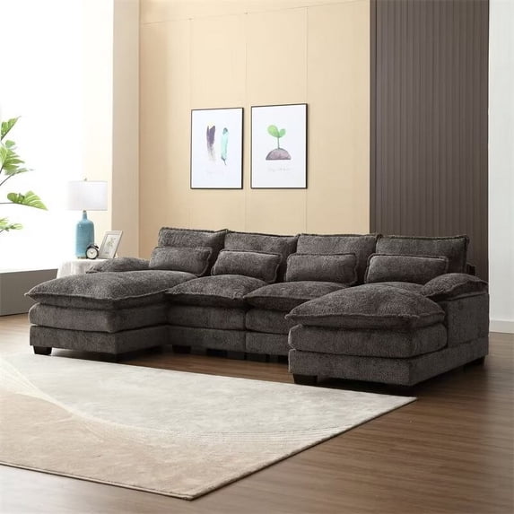 U-Shaped Sectional Sofa Couch Set, Modern Large Chenille Upholstered 4 Seater Sofa with Double Chaise and Padded Cushions, Modular Sectional Sofa Extra Wide Chaise Lounge for Living Room, Gray