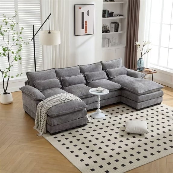 U-Shaped Sectional Sofa Couch Set, Modern Large Chenille Upholstered 4 Seater Sofa with Double Chaise and Padded Cushions, Modular Sectional Sofa Extra Wide Chaise Lounge for Living Room, Light Gray