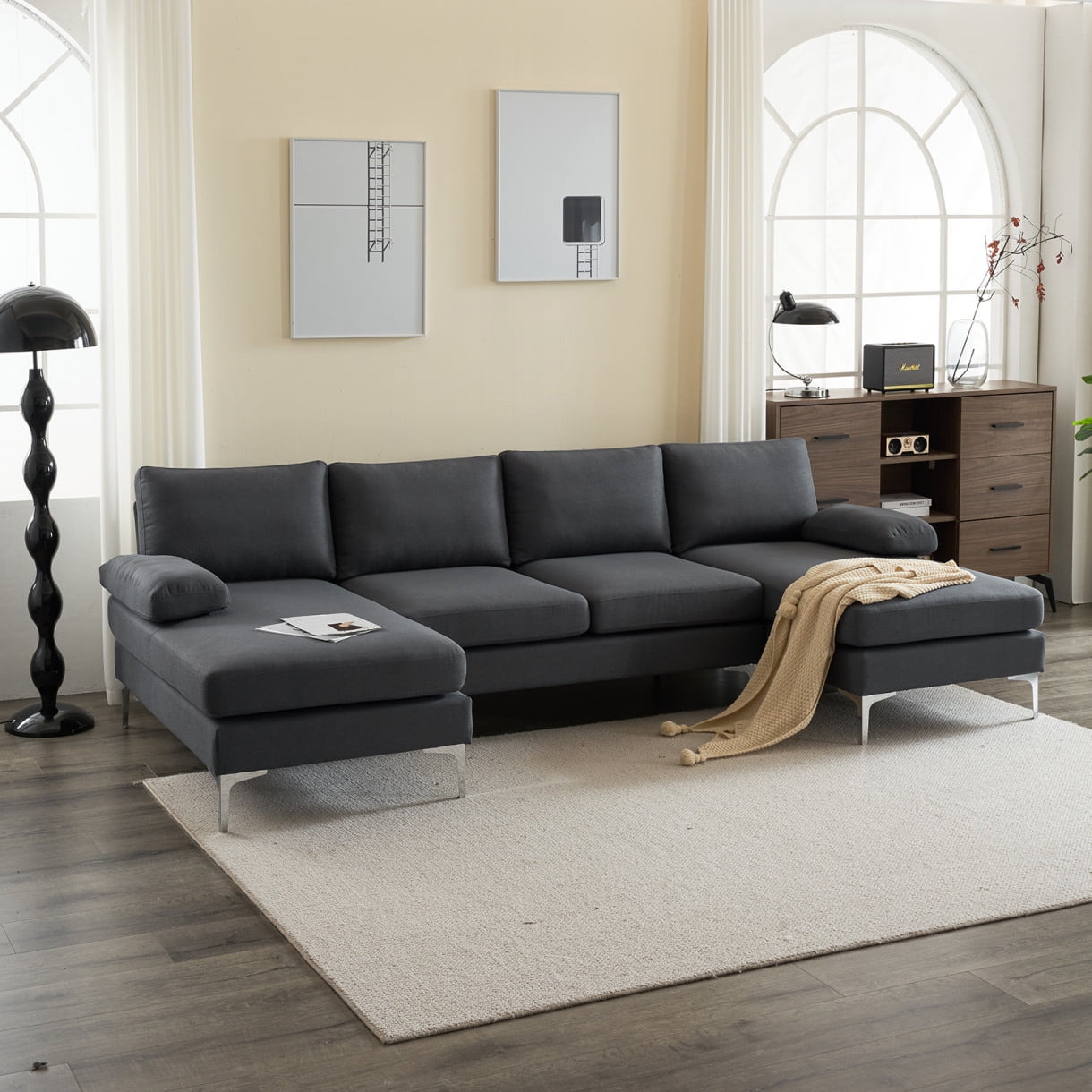 UShaped Sectional Sofa with Double Chaise, 110" Linen Fabric Couch