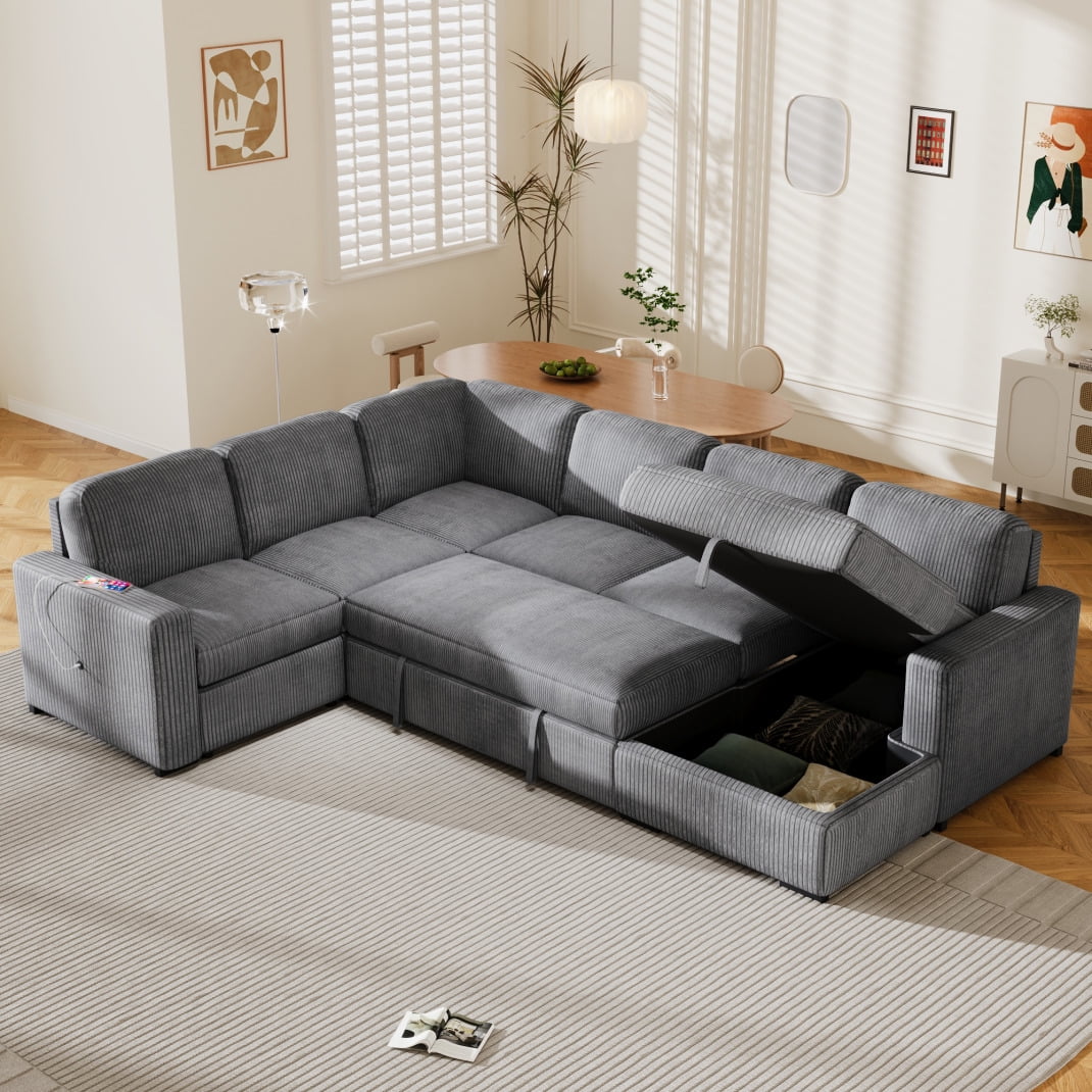 U Shaped Sectional Sofa with Pull Out Bed and USB Ports 115.6 Inch ...