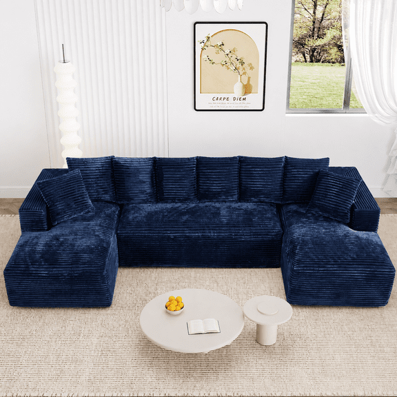 Wiilayok 131" U Shaped Sectional Sofa with Deep Seat Chaise,Corduroy Modular Cloud Sofa Couch for Living Room,4 Seat,Blue