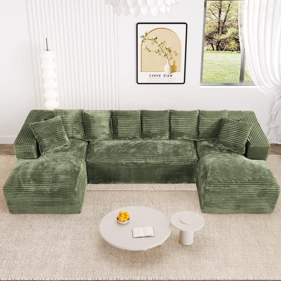 Wiilayok 131" U Shaped Sectional Sofa with Deep Seat Chaise,Corduroy Modular Cloud Sofa Couch for Living Room,4 Seat,Green