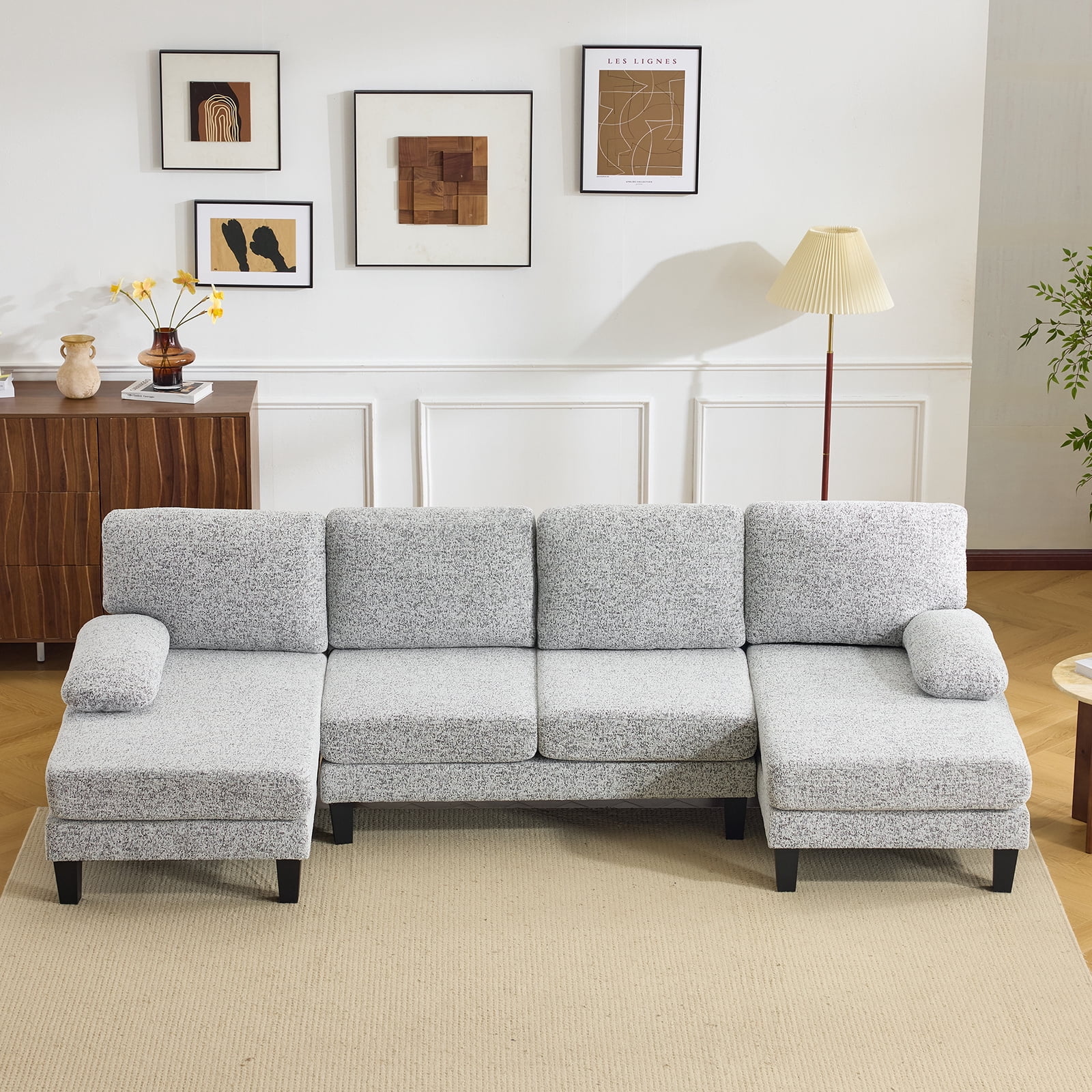 U-Shaped Sectional Sofa with 2 Short Chaise Lounges, 4 Seater Indoor Chenille Fabric Combination Couch, Plastic Legs, Living Room Furniture