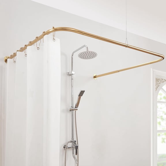 U Shaped Shower Curtain Rod, [Both Sides: 24"-52", Middle: 31"-47"] Adjustable U Shape Outdoor Corner Curtain Pole for Bathroom Bathtub with 12 Hooks & Ceiling Support - Gold