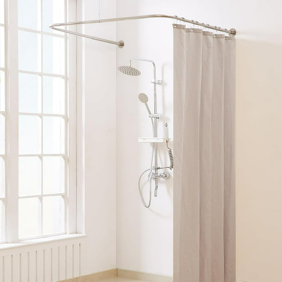 U Shaped Shower Curtain Rod Brushed Nickel [Both Sides: 23.6-52 Middle: 31-47] Adjustable U Shape Outdoor Shower Rod Corner Curtain Pole for Bathroom with 12 Hooks Ceiling port