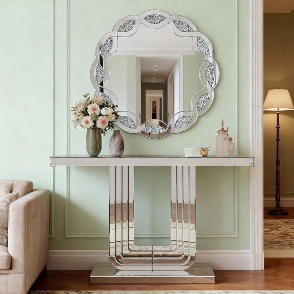 U-Shaped Silver Mirrored Console Table and Round Wall Mirror Set, 2 Piece Silver Mirrored 47" Rectangle Sofa Table and 31.5" Crush Diamond Round Wall Mirror Set for Entryway Hallway Entrance