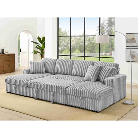 U Shaped Sleeper Sofa, 122 inch Overisze - 2 in 1 Pull Out Bed, Sectional Sleeper Sofa with Double Storage Chaise for Living Room, Rabbit plush Corduroy Fabric Couch,Grey
