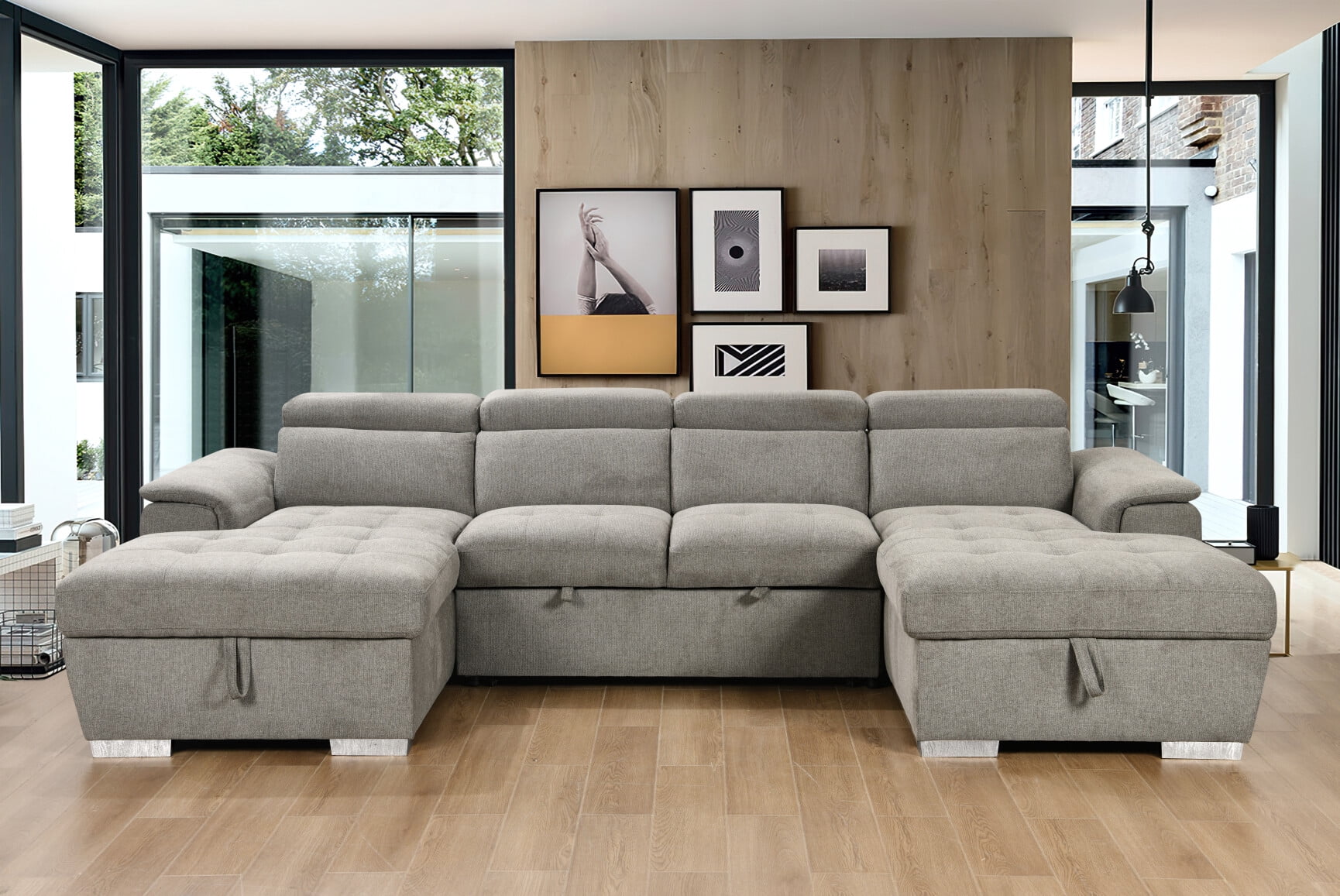 U Shaped Sleeper Sofa - 2 in 1 Pull Out Bed with Double Storage Chaise ...