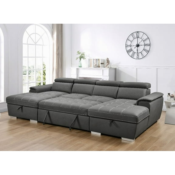 Modern U Shaped Sleeper Sofa 121 inch - 2 in 1 Pull Out Bed with Storage Chaise, Charcoal Grey