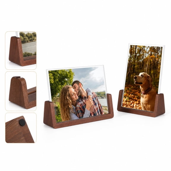 U-Shaped Solid Wood Photo Frame, 4-Inch Acrylic Desk Display Stand with Beech Wood Base 2 Pack, Minimalist Tabletop Picture Holder