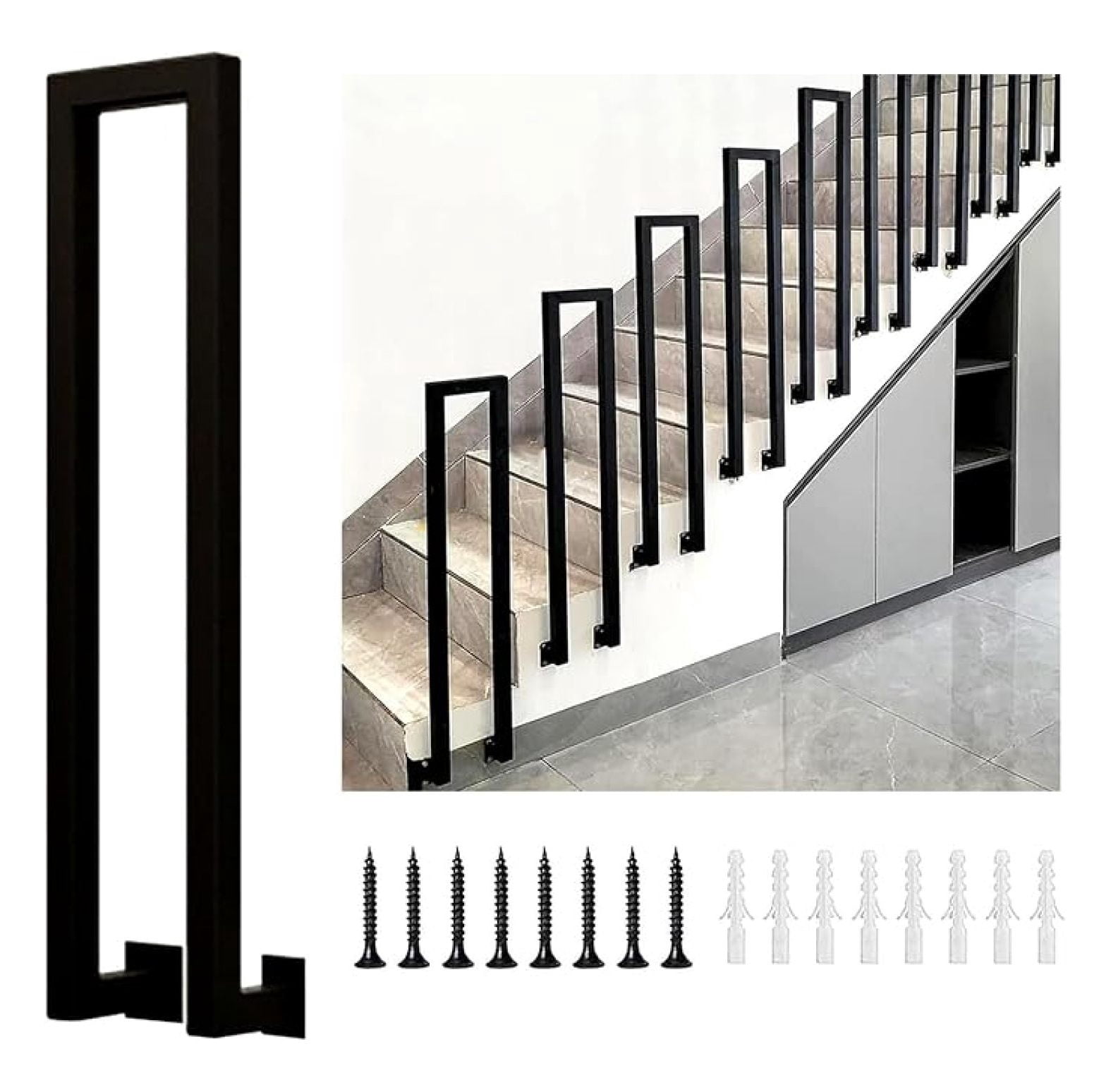 Side-Mounted U-Shaped Staircase Handrail – Wrought Iron Rail Kit For Concrete Steps, Porch & Indoor Stairs (35-100cm Height, White)