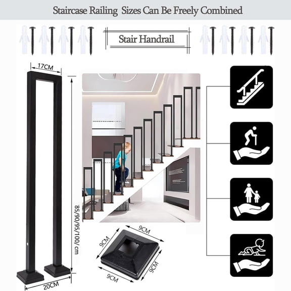 U-Shaped Stair Railings, Stair Handrail, Non-Slip Railings for Steps, Hand Railing, Stair Railing Indoor/Outdoor, Porch Railing, Hand Rails, for Stairs Porch Garden (Black, U-37.4in)