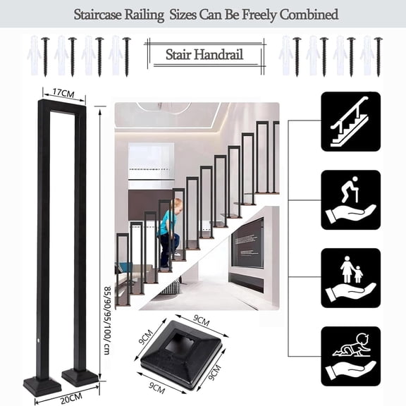 U-Shaped Stair Railing, Non-Slip Hold Tight Handrail, Black Iron Railing for Stairs, Indoor Outdoor Hand Rails for Porch Garden Steps, 95CM