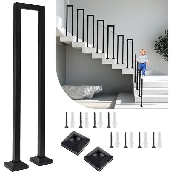 U-Shaped Stair Railing, Non-Slip Hold Tight Handrail, Black Iron Railing for Stairs, Indoor Outdoor Hand Rails for Porch Garden Steps, 85CM