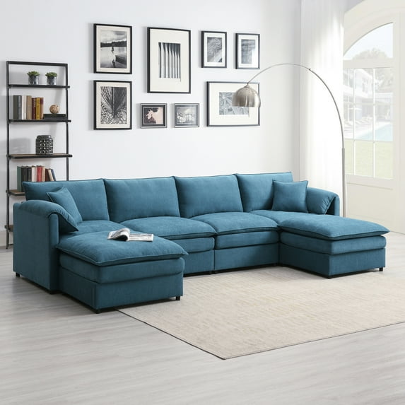 U Shaped Symmetrical Modular Sectional Sofa with Movable Ottoman and Arm Pillows, 6 Seater Oversized Chenille Upholstered Cloud Couch, Deep Seat Sleeper Sofa & Couches for Living Room Office (Blue)