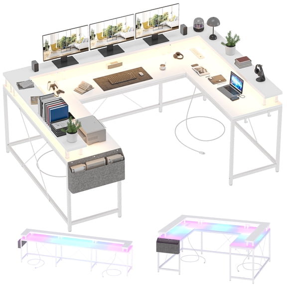 U-Shaped Table, Reversible L-Shaped Computer Table, Reversible Gaming Desk with Monitor Stand, LED Lights, Storage Bag and Hooks for Home Office