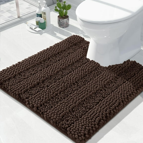 U Shaped Toilet Bath Rug, Luxury Chenille Contour Mat for Bathroom, Soft Comfortable Shaggy Commode Rug, Water Absorption, Non-Slip, Extra Thick, Machine Wash, 24 x 24 Inch,Brown