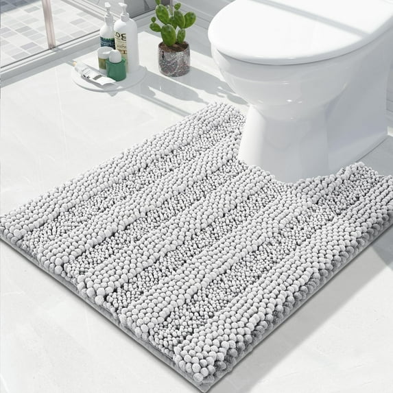 U Shaped Toilet Bath Rug, Luxury Chenille Contour Mat for Bathroom, Soft Comfortable Shaggy Commode Rug, Water Absorption, Non-Slip, Extra Thick, Machine Wash, 24.4 x 20 Inch, Silver Grey