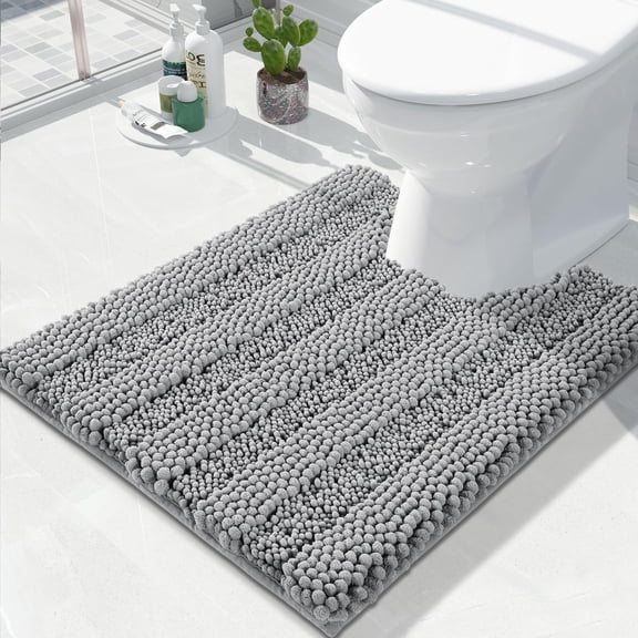U Shaped Toilet Bath Rug, Luxury Chenille Contour Mat for Bathroom, Soft Comfortable Shaggy Commode Rug, Water Absorption, Non-Slip, Extra Thick, Machine Wash, 24.4 x 20 Inch, Light Grey