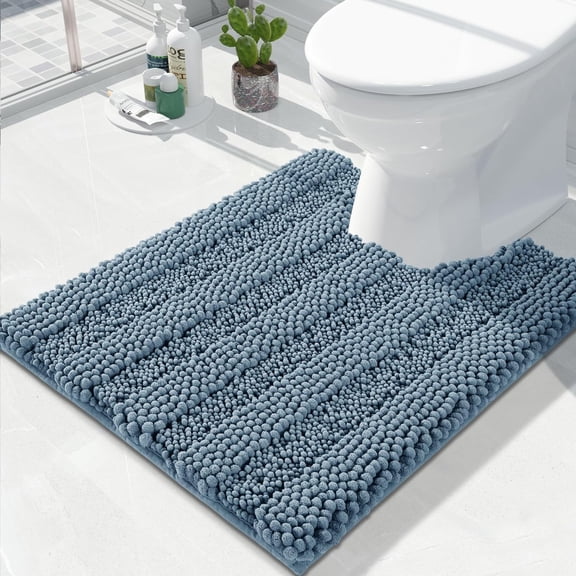U Shaped Toilet Bath Rug, Luxury Chenille Contour Mat for Bathroom, Soft Comfortable Shaggy Commode Rug, Water Absorption, Non-Slip, Extra Thick, Machine Wash, 24.4 x 20 Inch, Denim Blue