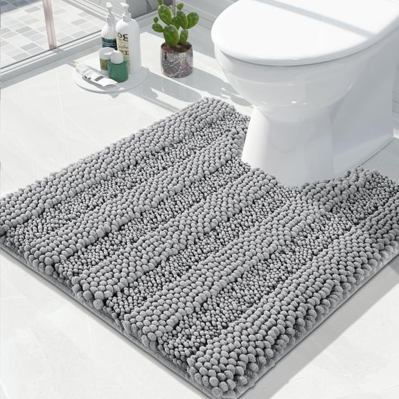 U Shaped Toilet Bath Rug, Luxury Chenille Contour Mat for Bathroom, Soft Comfortable Shaggy Commode Rug, Water Absorption, Non-Slip, Extra Thick, Machine Wash, 24 x 24 Inch, Light Grey