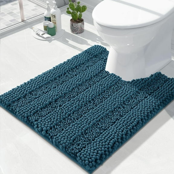 U Shaped Toilet Bath Rug, Luxury Chenille Contour Mat for Bathroom, Soft Comfortable Shaggy Commode Rug, Water Absorption, Non-Slip, Extra Thick, Machine Wash, 24.4 x 20 Inch, Peacock Blue
