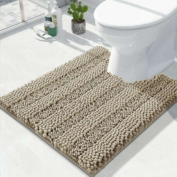 U Shaped Toilet Bath Rug, Luxury Chenille Contour Mat for Bathroom, Soft Comfortable Shaggy Commode Rug, Water Absorption, Non-Slip, Extra Thick, Machine Wash, 24.4 x 20 Inch, Camel