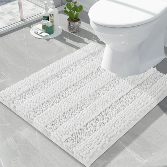U Shaped Toilet Bath Rug, Luxury Chenille Contour Mat for Bathroom, Soft Comfortable Shaggy Commode Rug, Water Absorption, Non-Slip, Extra Thick, Machine Wash, 24.4 x 20 Inch, White