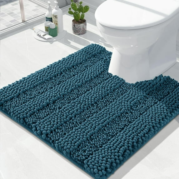 U Shaped Toilet Bath Rug, Luxury Chenille Contour Mat for Bathroom, Soft Comfortable Shaggy Commode Rug, Water Absorption, Non-Slip, Extra Thick, Machine Wash, 24 x 24 Inch, Peacock Blue